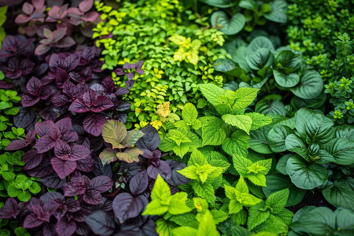 Tapis dense de géraniums couvre-sol plantés en quinconce au pied d'une haie, avec paillis de feuilles