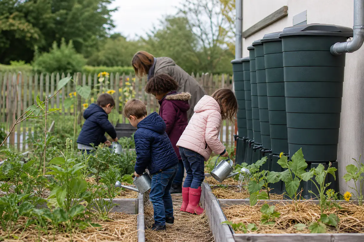 Cuves de récupération d’eau de pluie sécurisées près d’un potager d’école, avec arrosage au pied des cultures
