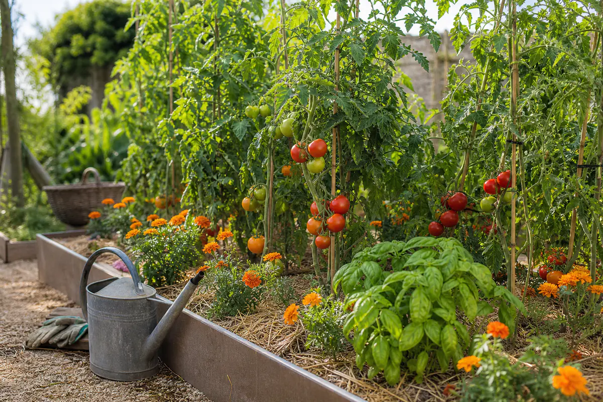 Plants de tomates paillés et tuteurés, entourés de fleurs, dans un potager familial français en été