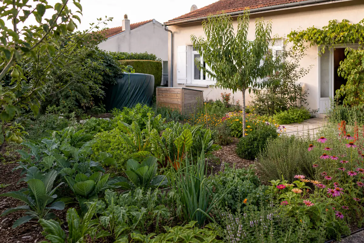 Jardin nourricier autour d'une maison, avec planches paillées, arbres fruitiers et réserve d'eau discrète