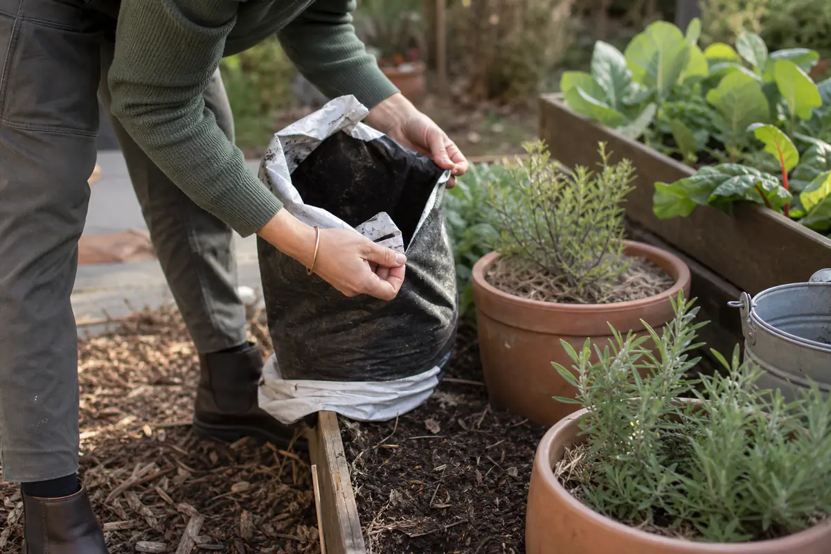 Jardinière lisant l’étiquette d’un terreau près de bacs potagers dans un jardin français lumineux