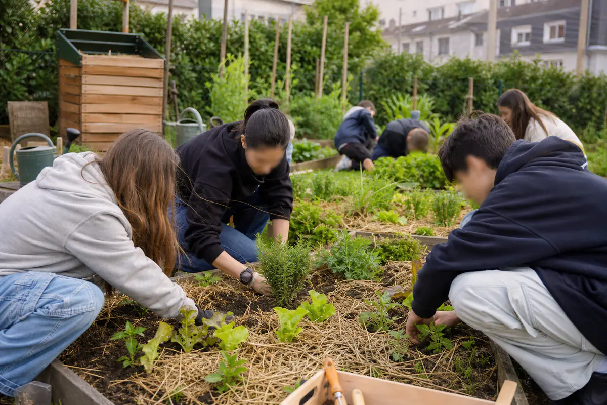 Jeunes et adultes plantant salades et aromatiques dans des bacs d’un jardin partagé lumineux et paillé