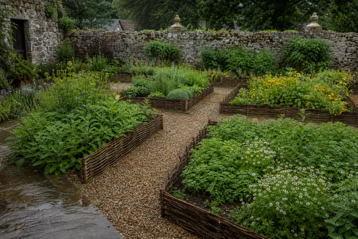Carrés de plantes aromatiques et médicinales bordés de pierre dans un jardin d’abbaye bretonne lumineux