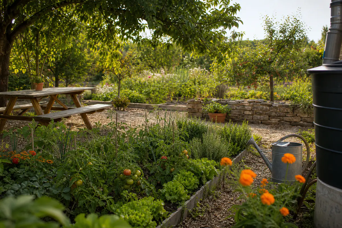 Potager soigné près d’une table de pique-nique, arrosoir en zinc et arbres fruitiers dans un jardin français