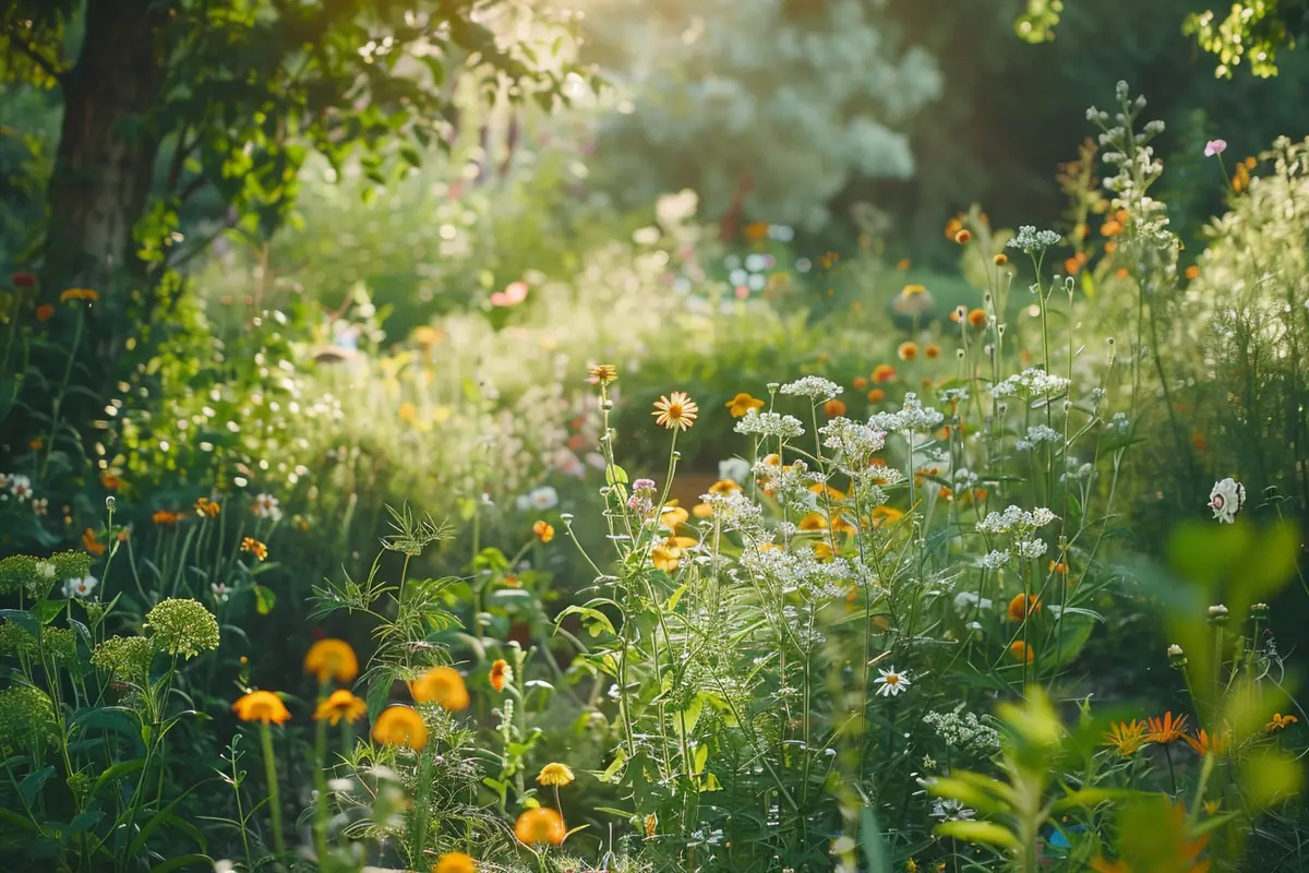 Jardin sauvage français avec prairie fleurie, haie libre, tas de bois et chemin tondu au soleil doux