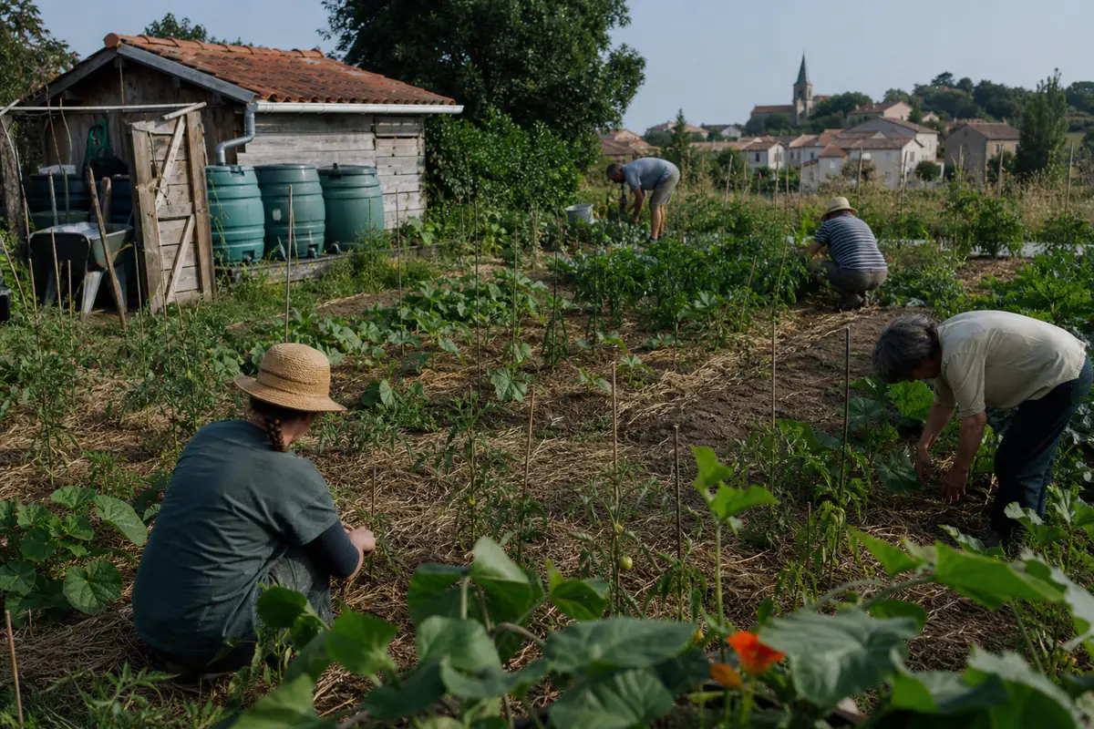 Habitants d’un village cultivant un potager collectif paillé, avec récupérateurs d’eau et légumes variés