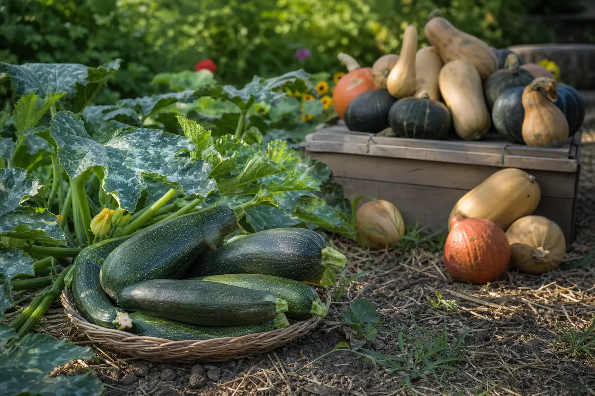 Courgettes fraîches et courges mûres récoltées dans un potager français paillé et ensoleillé