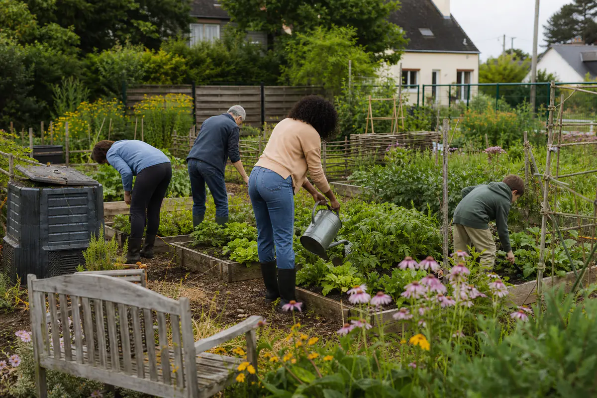 Voisins de tous âges jardinant ensemble dans un potager partagé, entre bacs de légumes et fleurs mellifères