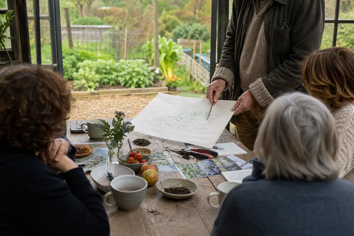 Petit groupe réuni autour d’un jardinier présentant des plans et des échantillons de végétaux au petit-déjeuner
