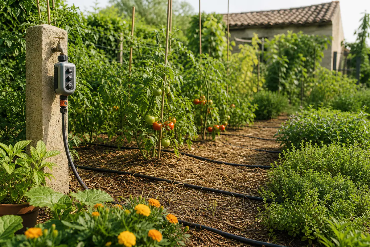 Programmateur d’arrosage et goutte-à-goutte installés dans un potager français paillé au soleil du matin