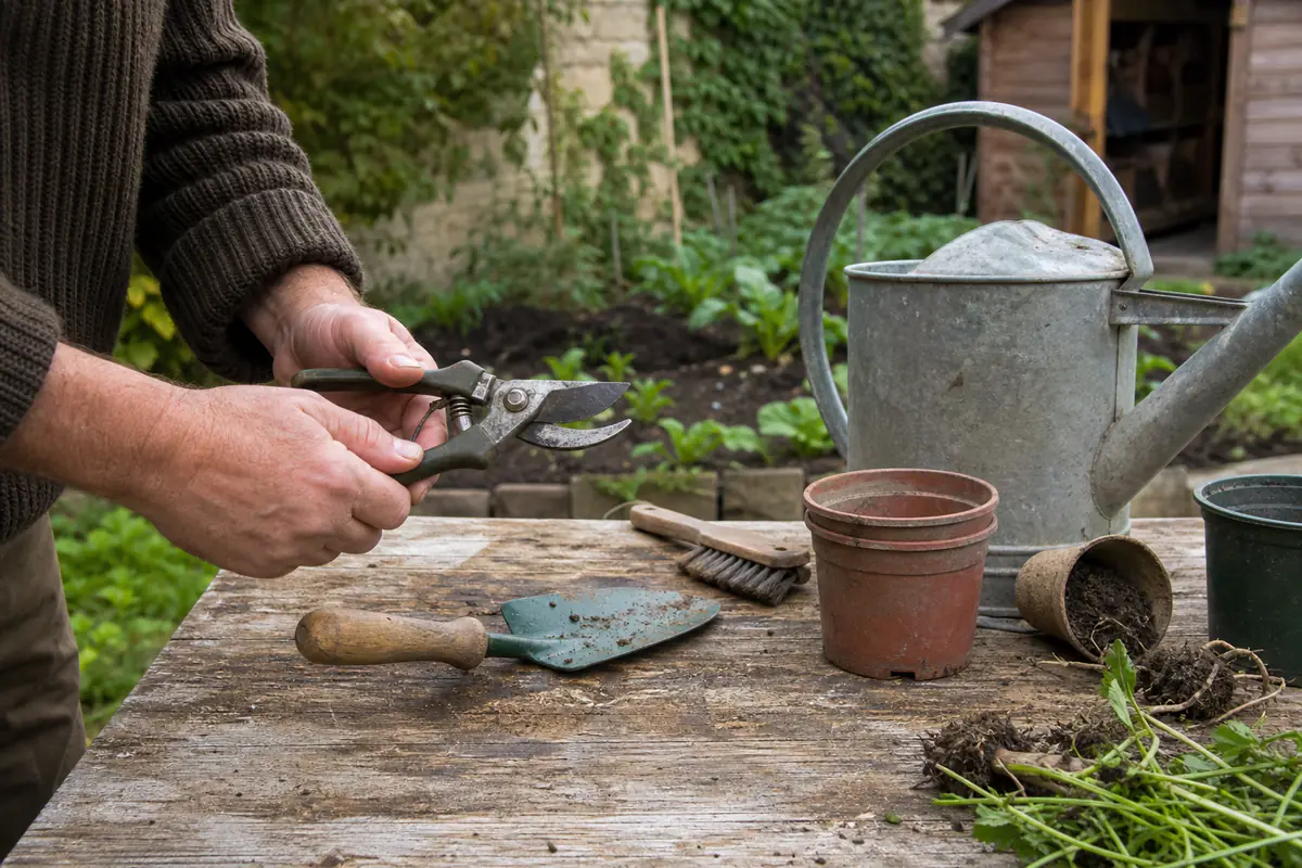 Jardinier comparant des outils manuels durables sur un établi devant un potager familial bien paillé
