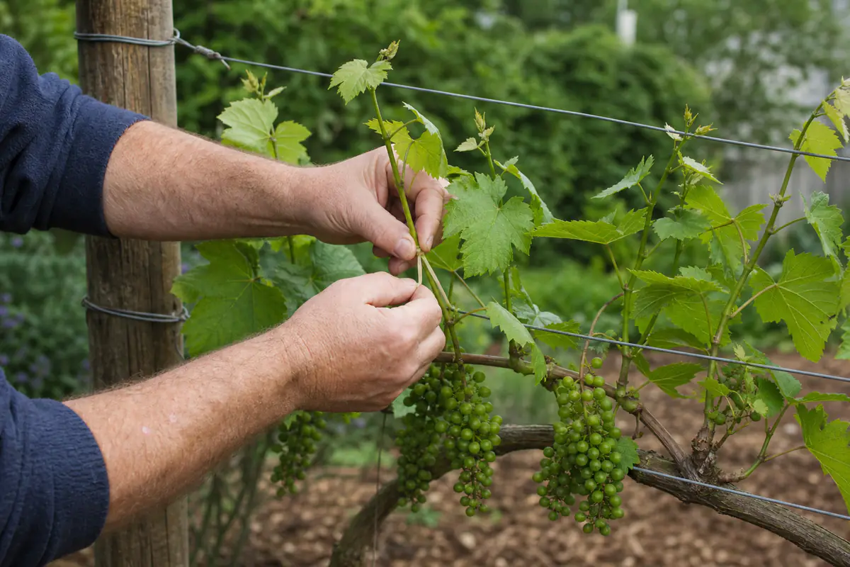 Vigne de jardin palissée sur fils tendus, avec sarments répartis et grappes aérées au soleil