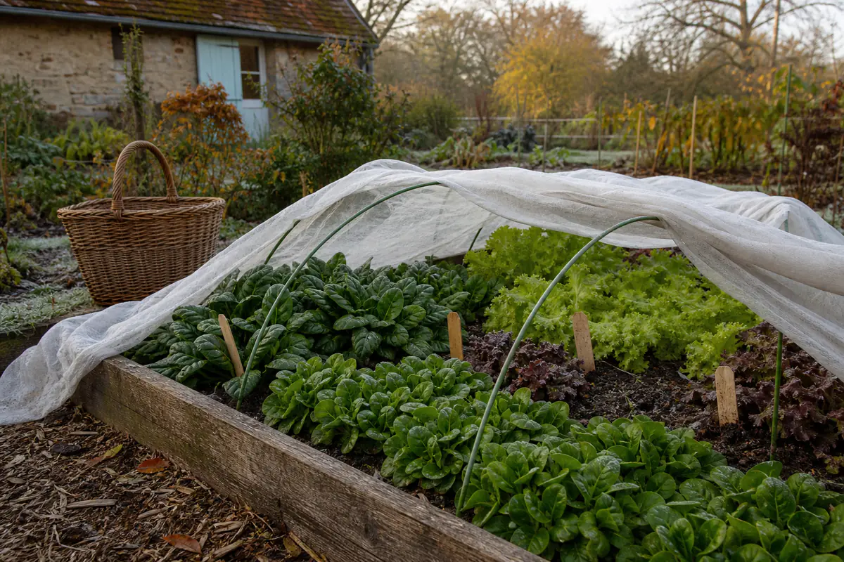 Carré potager d’automne avec mâche, épinards et laitues sous voile léger dans un jardin français au matin