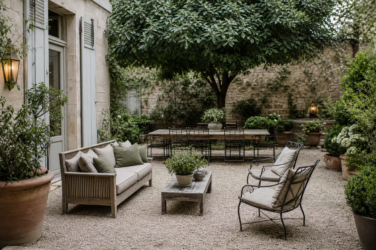 Terrasse végétalisée avec mobilier en bois, grands bacs et luminaires discrets dans une cour lumineuse