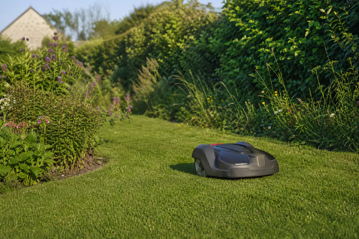 Tondeuse robot avançant sur une pelouse de jardin français, bordée de massifs fleuris et d’une zone non tondue