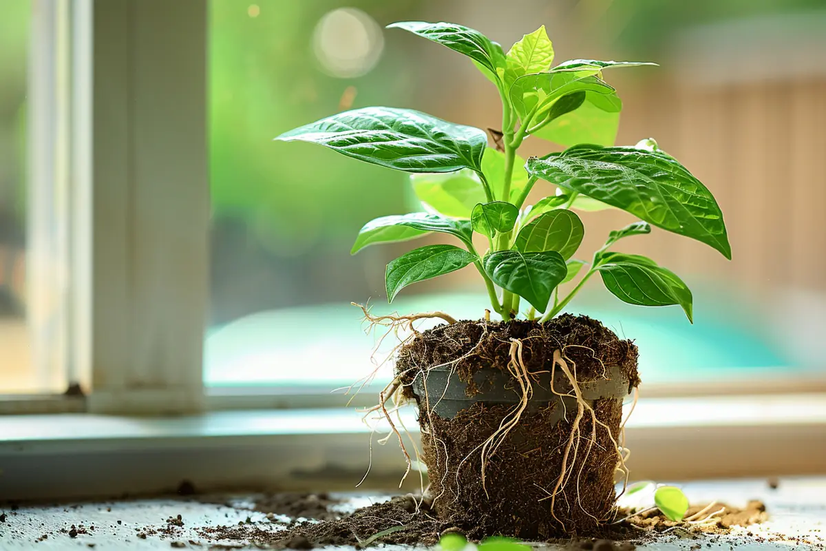 Rempotage d’une plante verte d’intérieur dans un pot en terre cuite avec terreau et billes de drainage