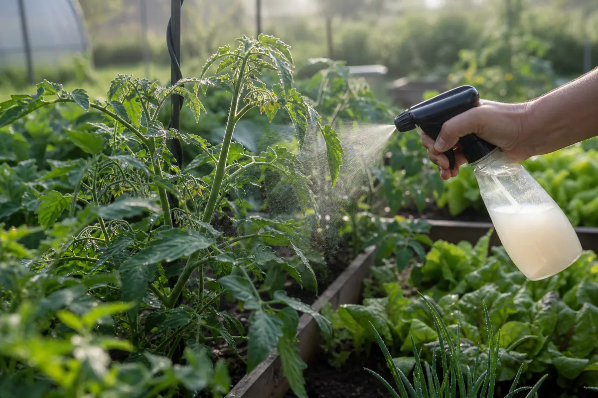 Pulvérisation d'engrais liquide sur le feuillage d'un plant de tomate tôt le matin dans un jardin français