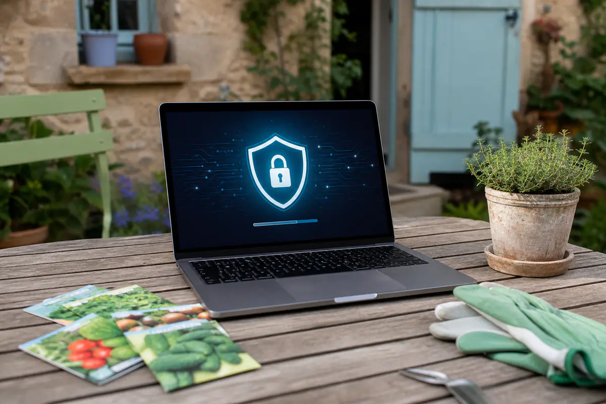 Ordinateur portable avec alerte de sécurité près de sachets de graines sur une table de jardin lumineuse.