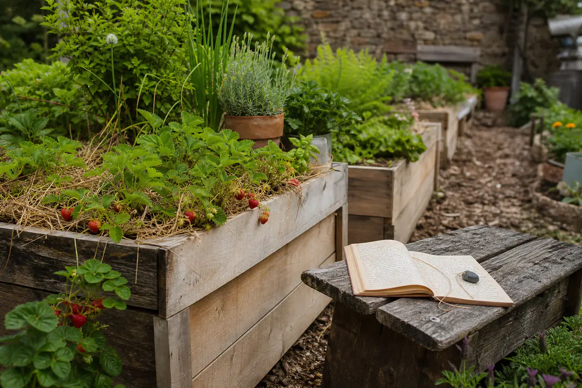 Jardin familial avec bacs surélevés, aromatiques et carnet de semis posé près d'un banc en bois