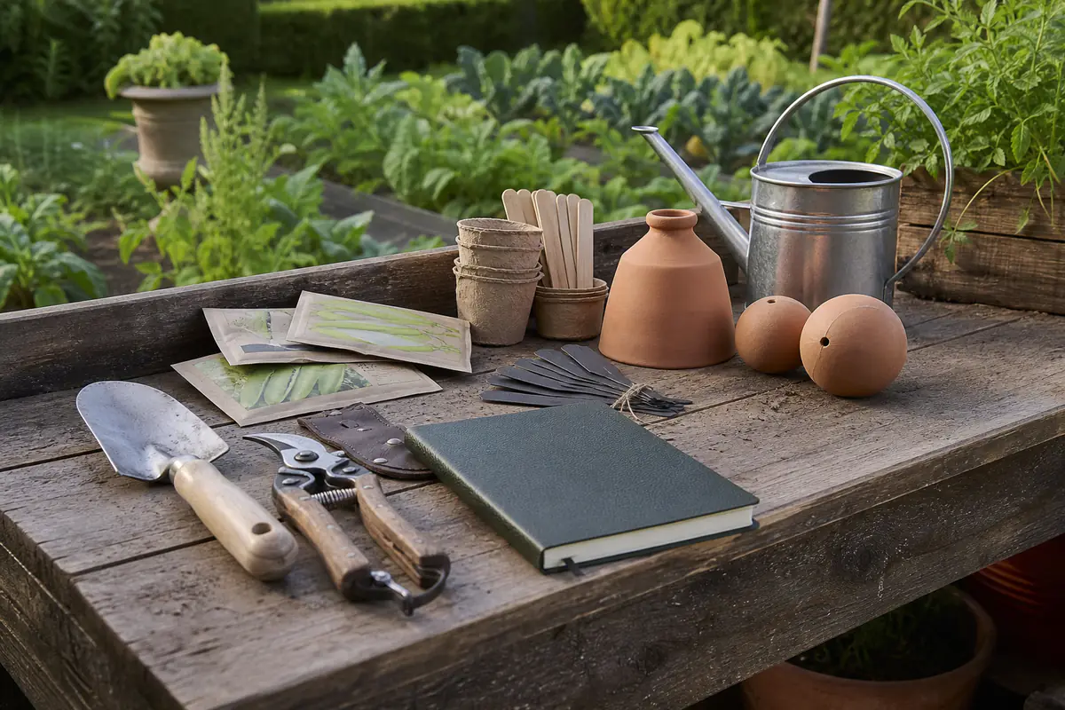 Panier de cadeaux utiles pour jardinier avec sécateur, graines, ollas et carnet sur table de rempotage