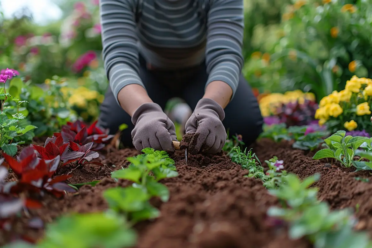 Jardinier posant une bordure en pavés le long d’un massif paillé dans un jardin français lumineux