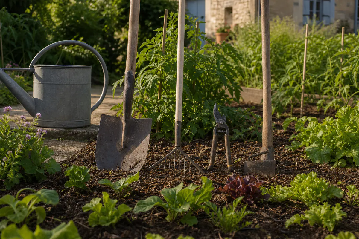 Cinq outils de jardin propres et alignés devant un potager paillé dans un jardin français lumineux