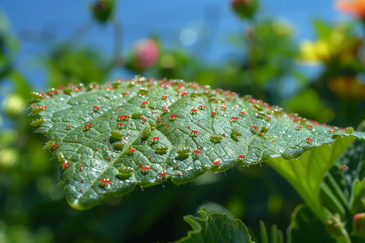 Feuille de haricot marbrée par des acariens observée à la loupe dans un potager français en été