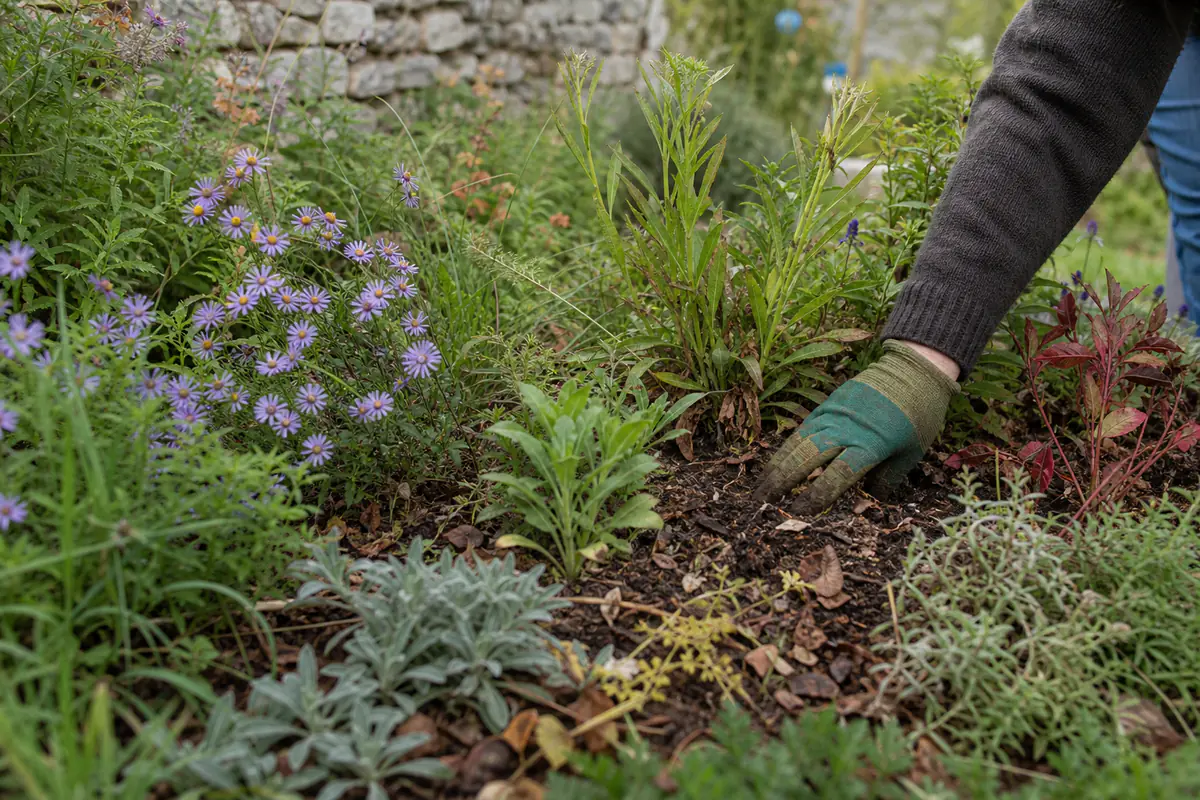 Massif naturel de plantes indigènes fleuries et arbustes locaux dans un jardin français ensoleillé et paillé.