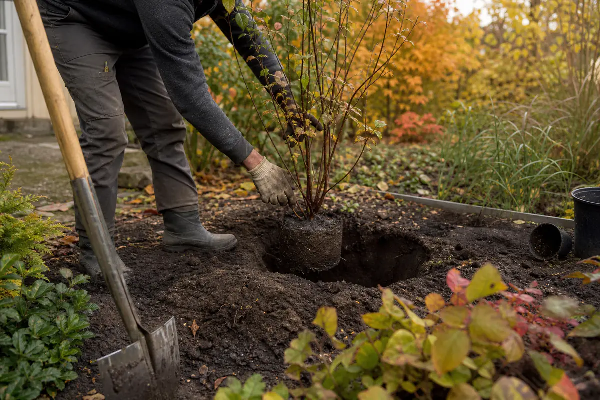 Jardinier plantant un jeune arbuste dans un massif paillé parmi vivaces et feuillages d’automne