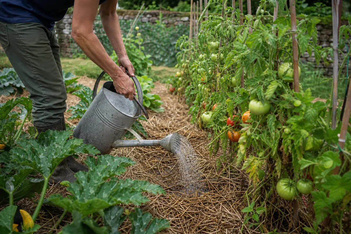 Jardinier arrosant au pied des tomates paillées dans un potager français lumineux au mois de juillet