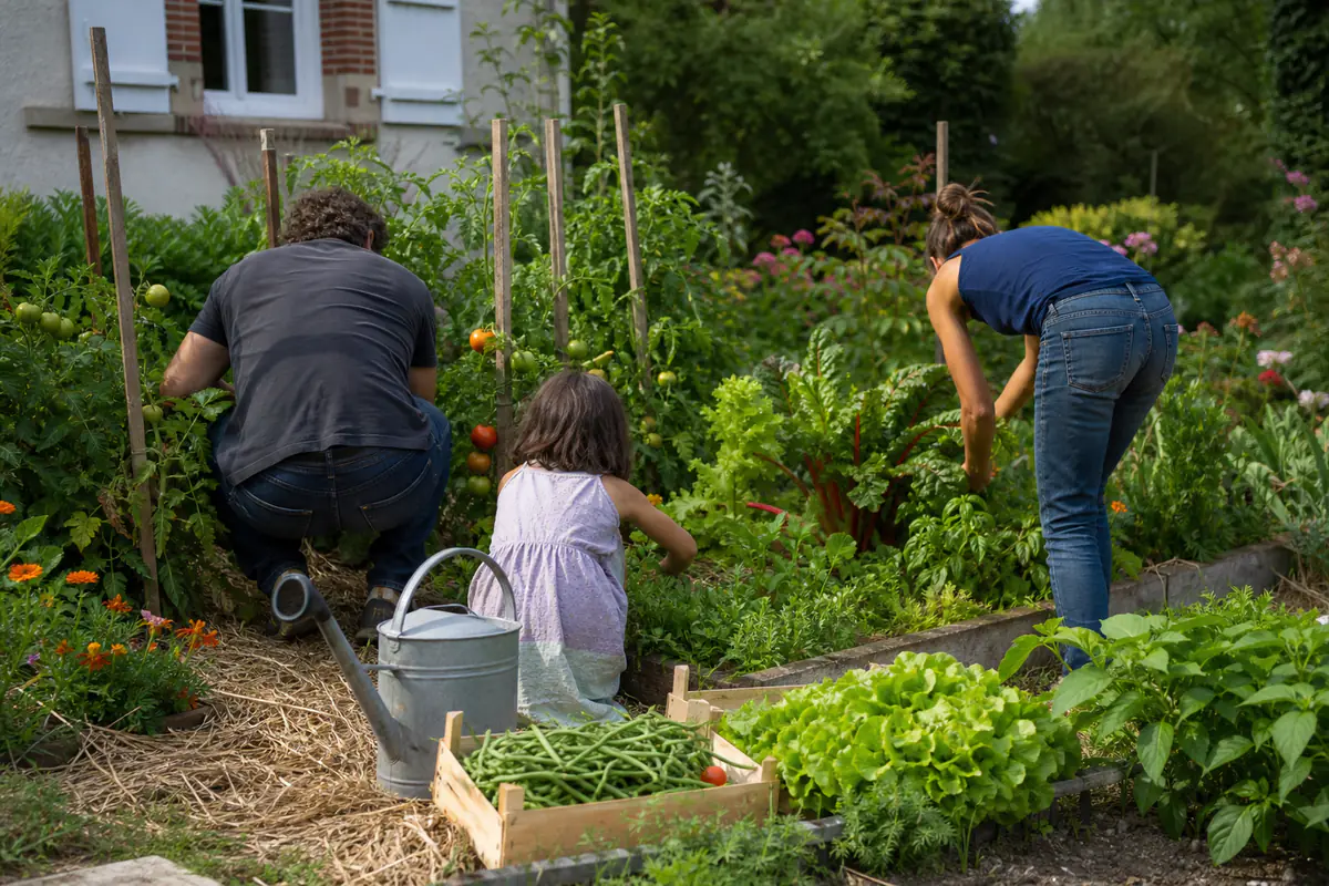 Potager familial en carrés avec tomates, laitues, haricots et aromates près d’une maison française ensoleillée