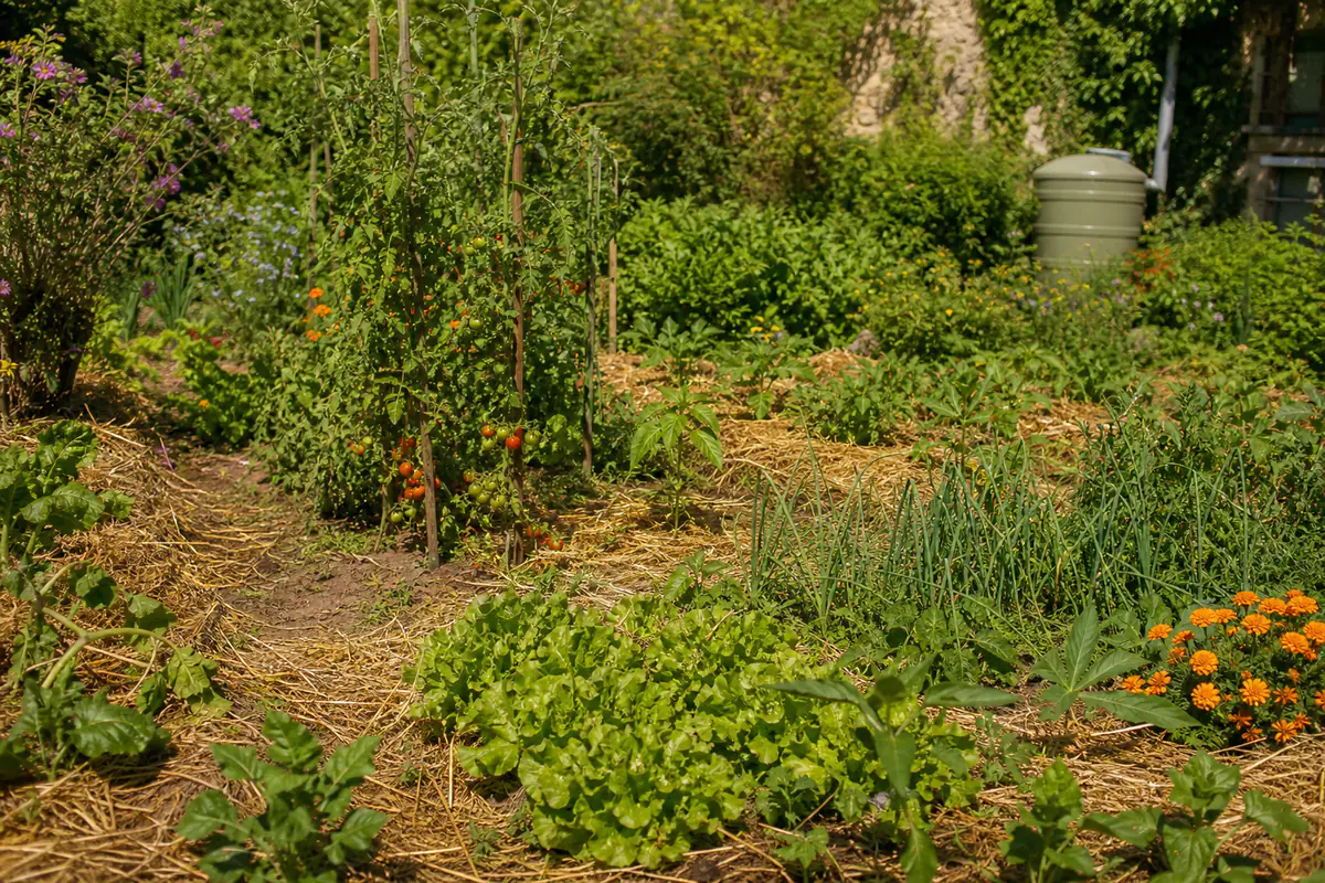 Potager familial diversifié avec paillage, légumes et fleurs adaptés à un jardin français lumineux