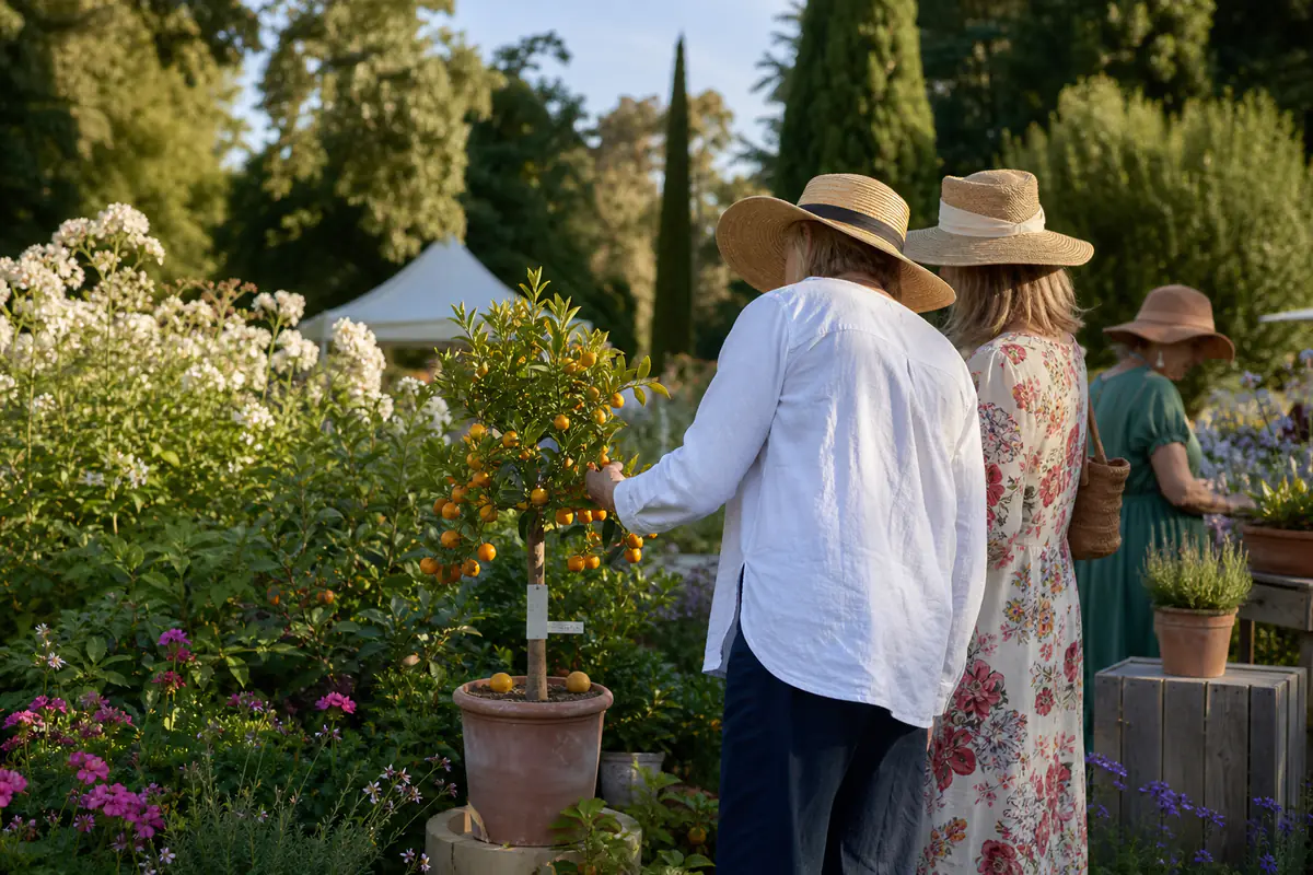 Visiteurs observant des plants d’agrumes et des fleurs lors d’un salon de jardin estival en France