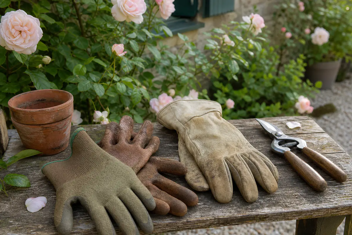 Deux paires de gants de jardinage, l’une fine et l’autre en cuir, posées sur un établi près de rosiers