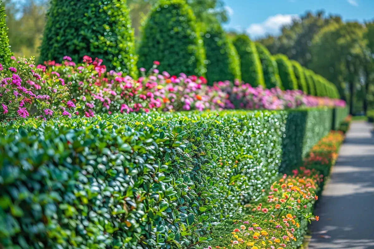 Haie fleurie libre mêlant viorne, seringat et rosiers, paillée au pied dans un jardin français lumineux