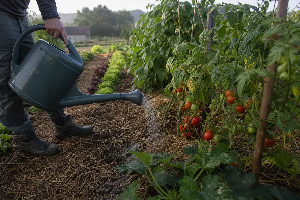 Potager français en août avec tomates, courgettes paillées et jardinier arrosant lentement au pied