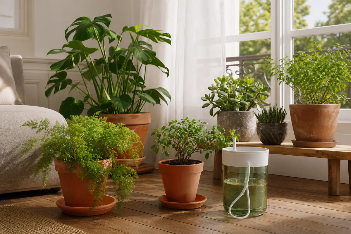 Plantes d’intérieur regroupées près d’une fenêtre voilée, avec réserve d’eau testée avant un départ en vacances