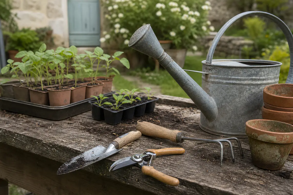 Quatre accessoires de jardinage posés sur un établi, prêts pour les plantations de printemps