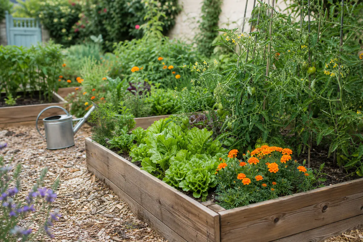 Potager en surélévation en bois avec allées paillées, légumes et fleurs dans un jardin français lumineux