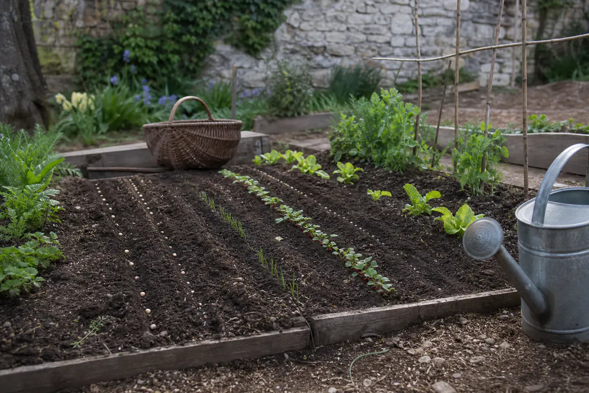 Rangs de carottes, radis, pois et laitues fraîchement semés dans un potager français au printemps