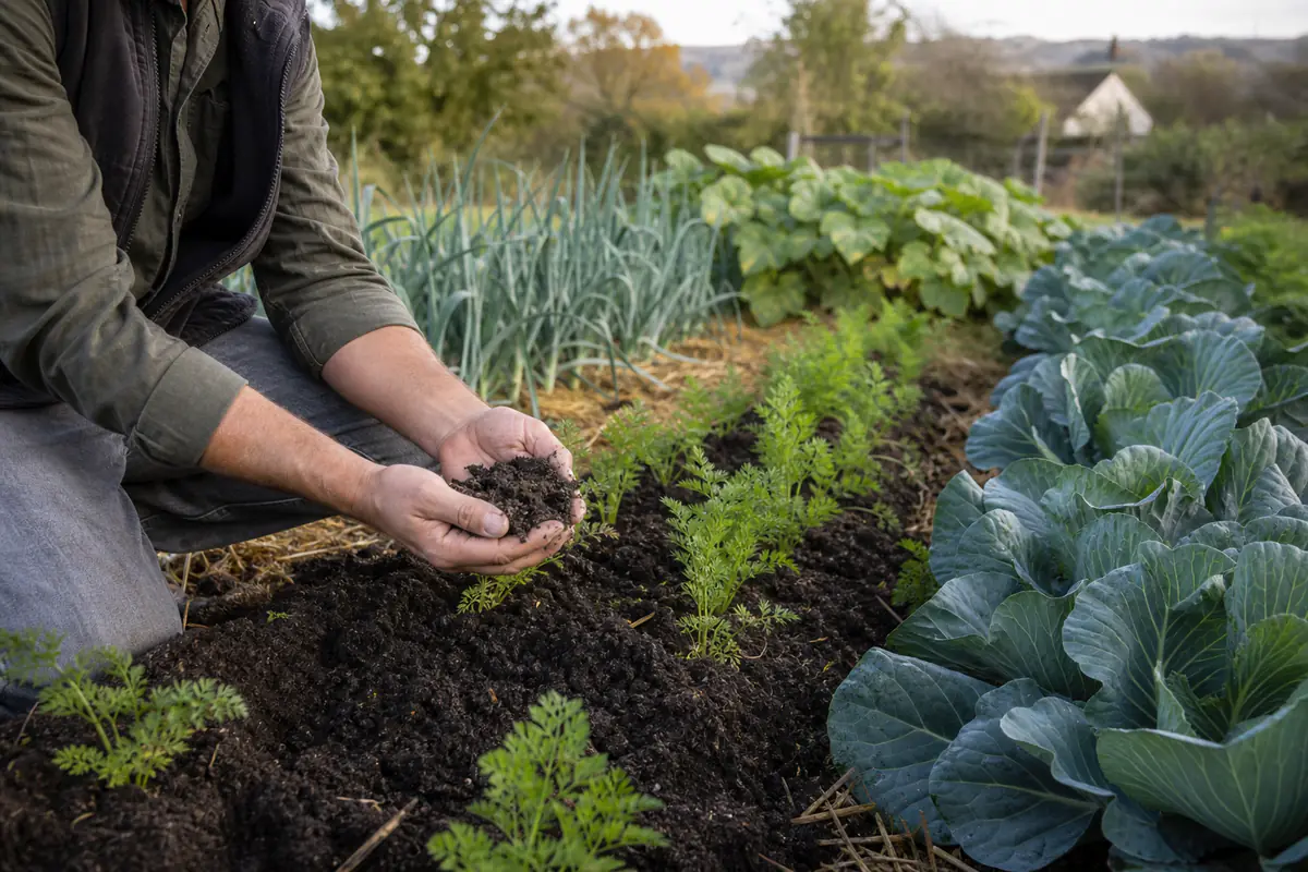 Jardinier examinant une poignée de terre brune dans un potager français bordé de rangs de légumes