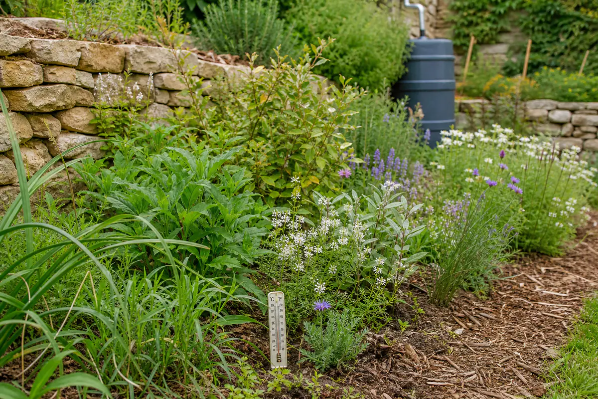 Jardin français diversifié avec paillage, arbustes et plantes adaptées aux contrastes climatiques