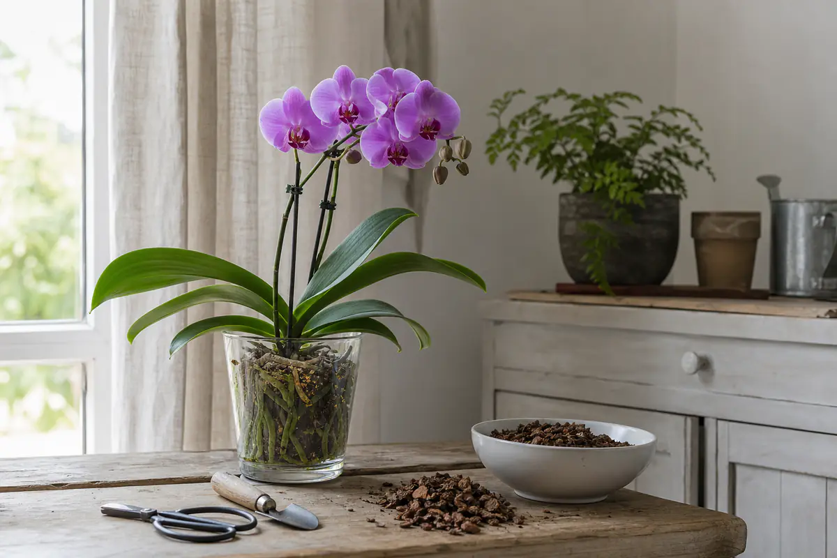 Orchidée Phalaenopsis en fleurs dans un pot transparent près d’une fenêtre lumineuse d’un intérieur français