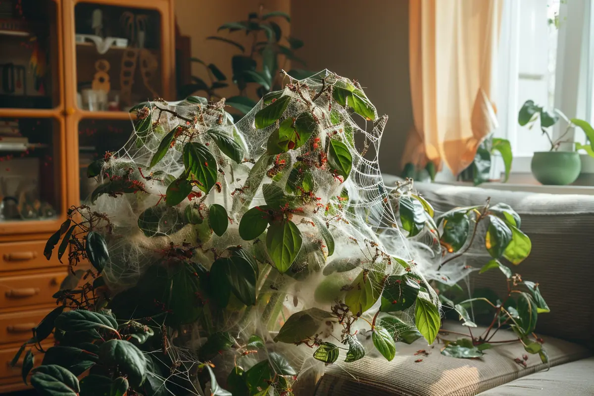 Gros plan sur une feuille de monstera inspectée à la loupe, avec cochenilles farineuses visibles sous la nervure.