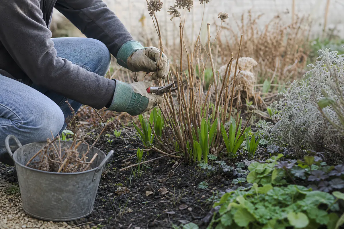 Jardinier retirant des tiges de vivaces mortes dans un massif sain à la fin de l’hiver, avec sécateur et seau.