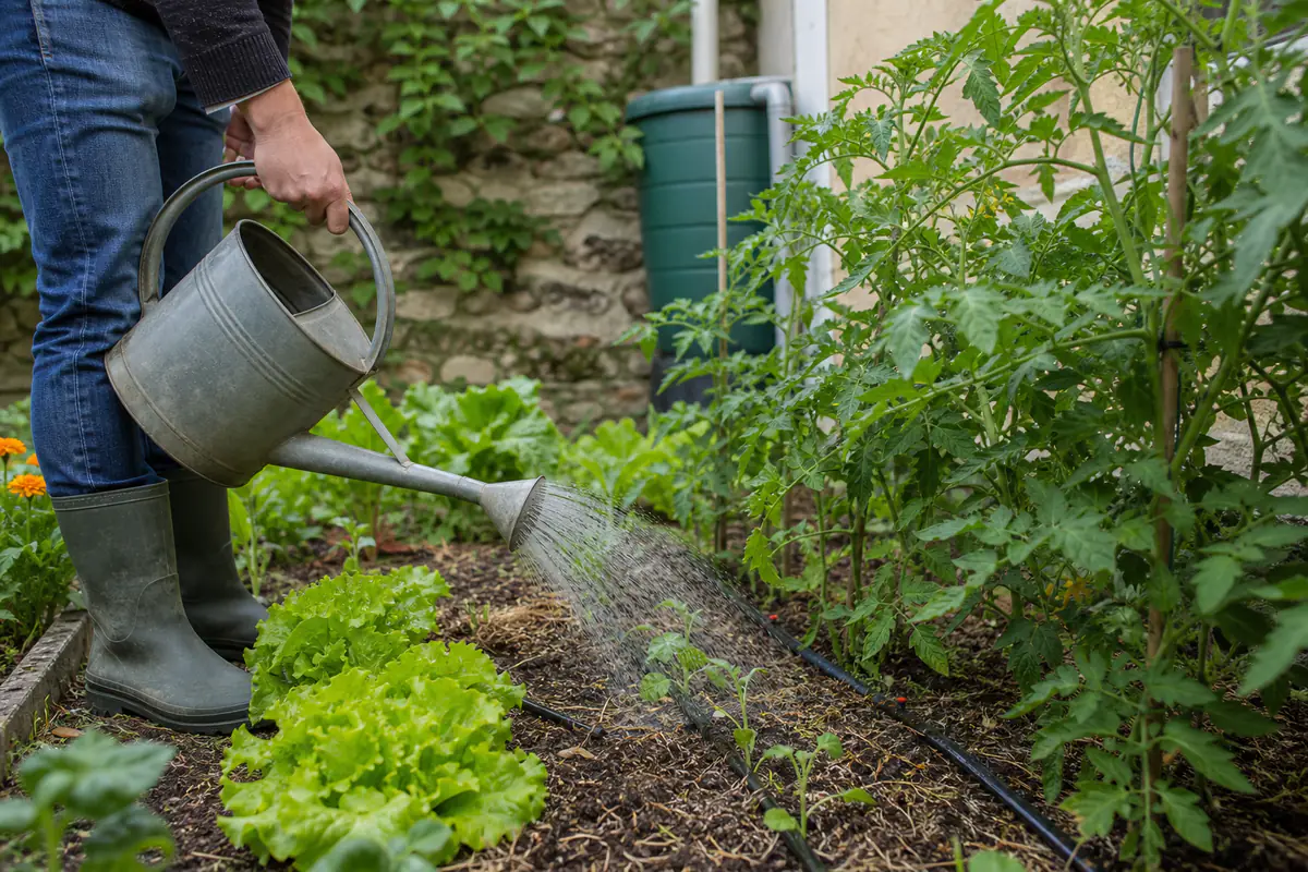Débutante arrosant au pied des légumes paillés dans un petit potager familial lumineux et économe en eau