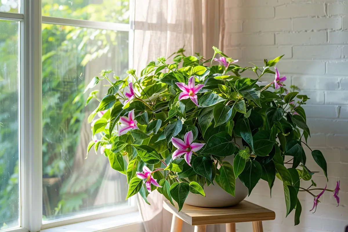 Plantes d’intérieur variées près d’une fenêtre, avec arrosoir et contrôle de l’humidité du terreau