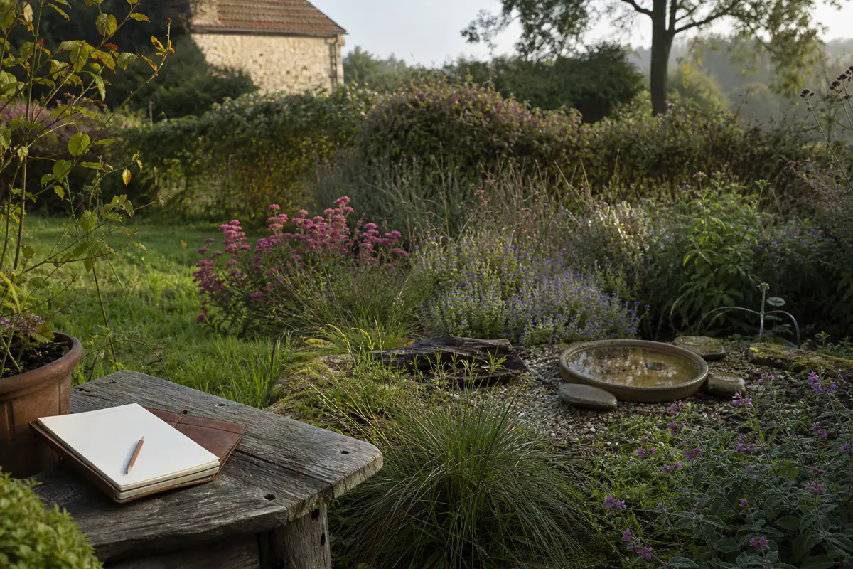 Jardin naturel fleuri avec haie basse, point d’eau et refuge à insectes dans un paysage rural français