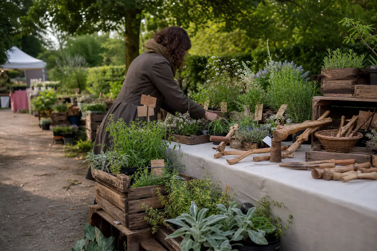 Exposante installant des plants étiquetés et des outils artisanaux sur un stand de fête des plantes en plein air