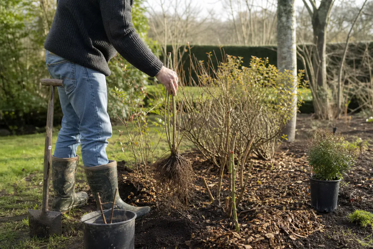 Jeunes arbustes caducs et persistants plantés dans un jardin français en hiver, sur sol paillé et lumineux.